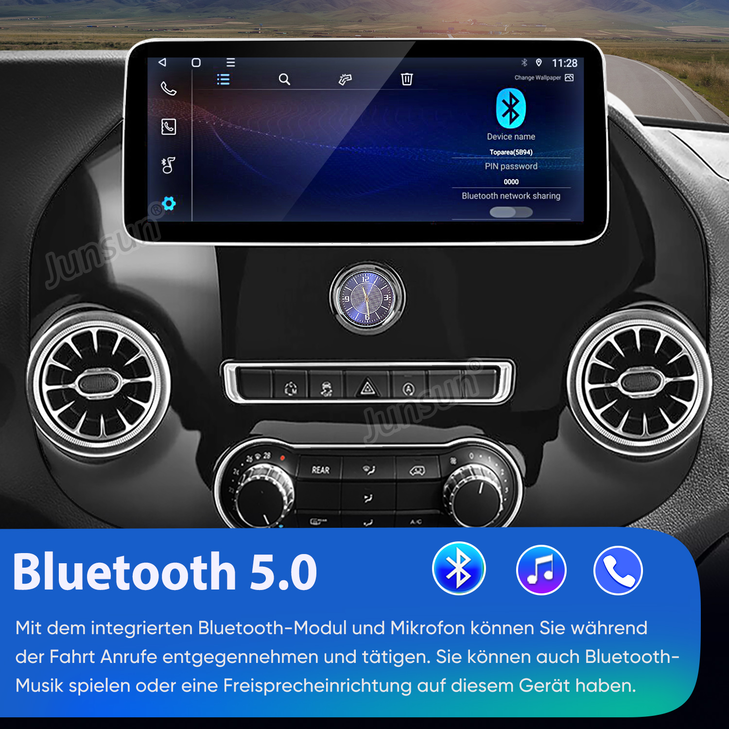 Ein Auto-Infotainmentsystem mit Bluetooth 5.0, Telefon-, Musik- und Einstellungsmenüs.