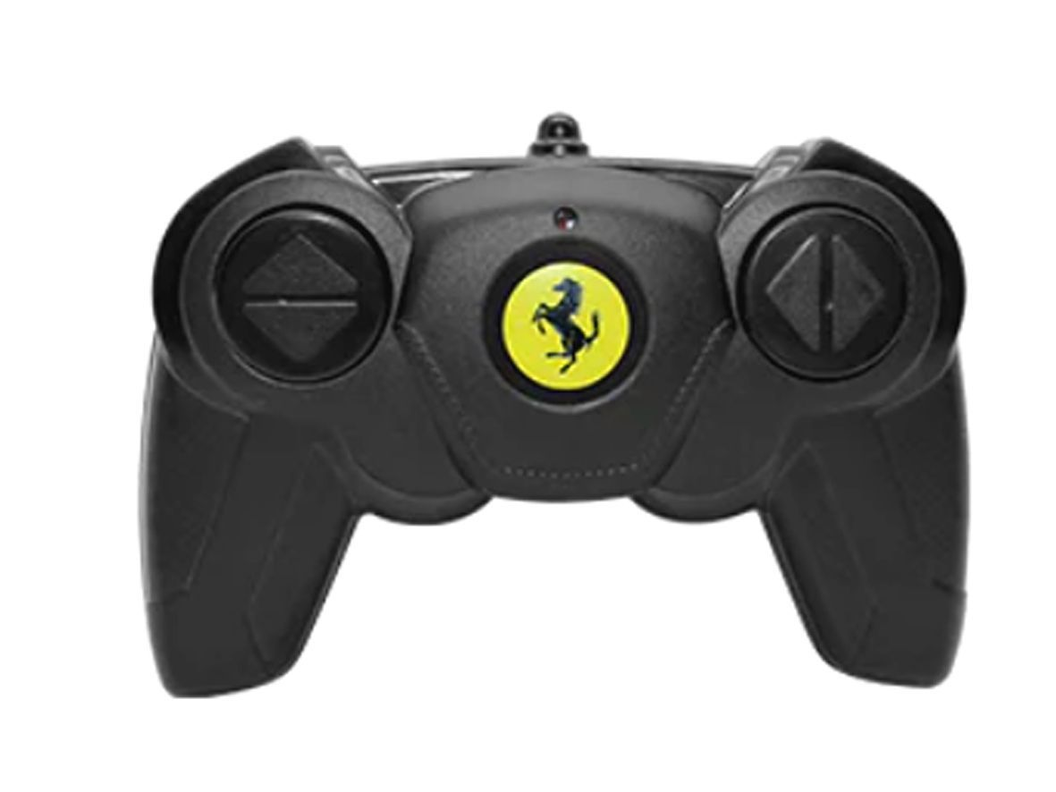 Czarny uchwyt pilota Ferrari z żółtym logo konia i dwoma joystickami.