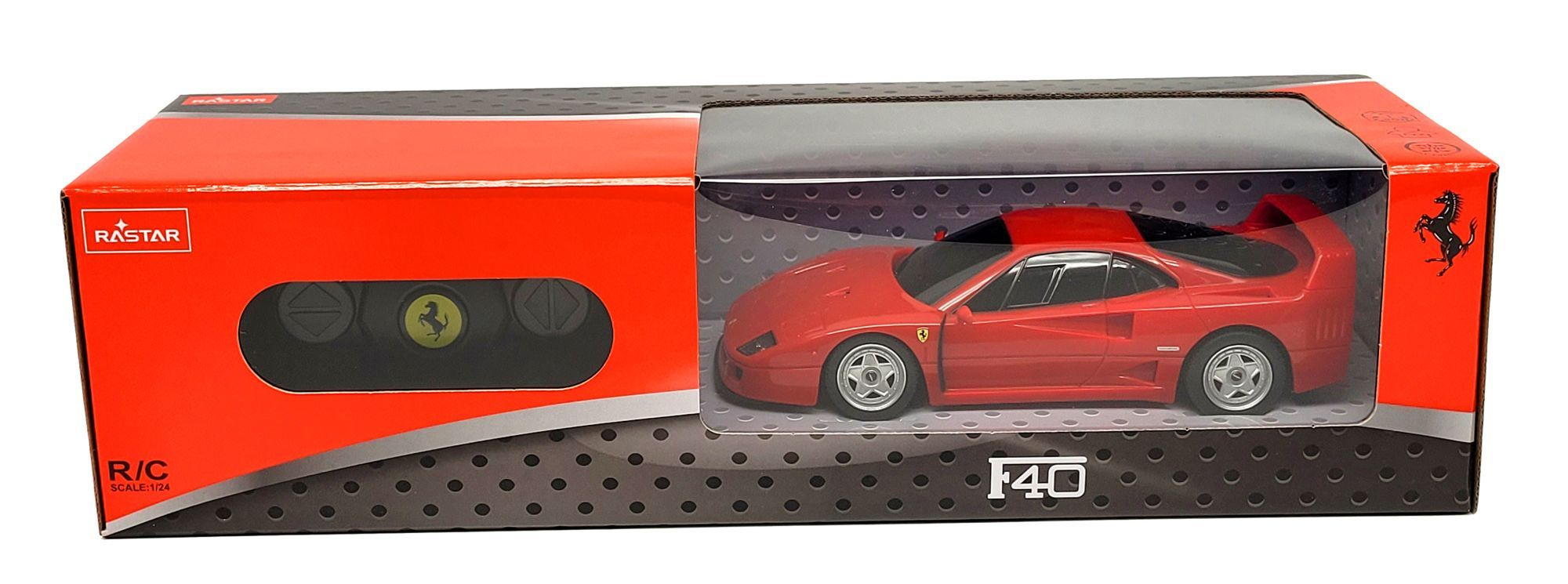 Czerwony samochódzik Ferrari F40 w pudełku z pilotem.