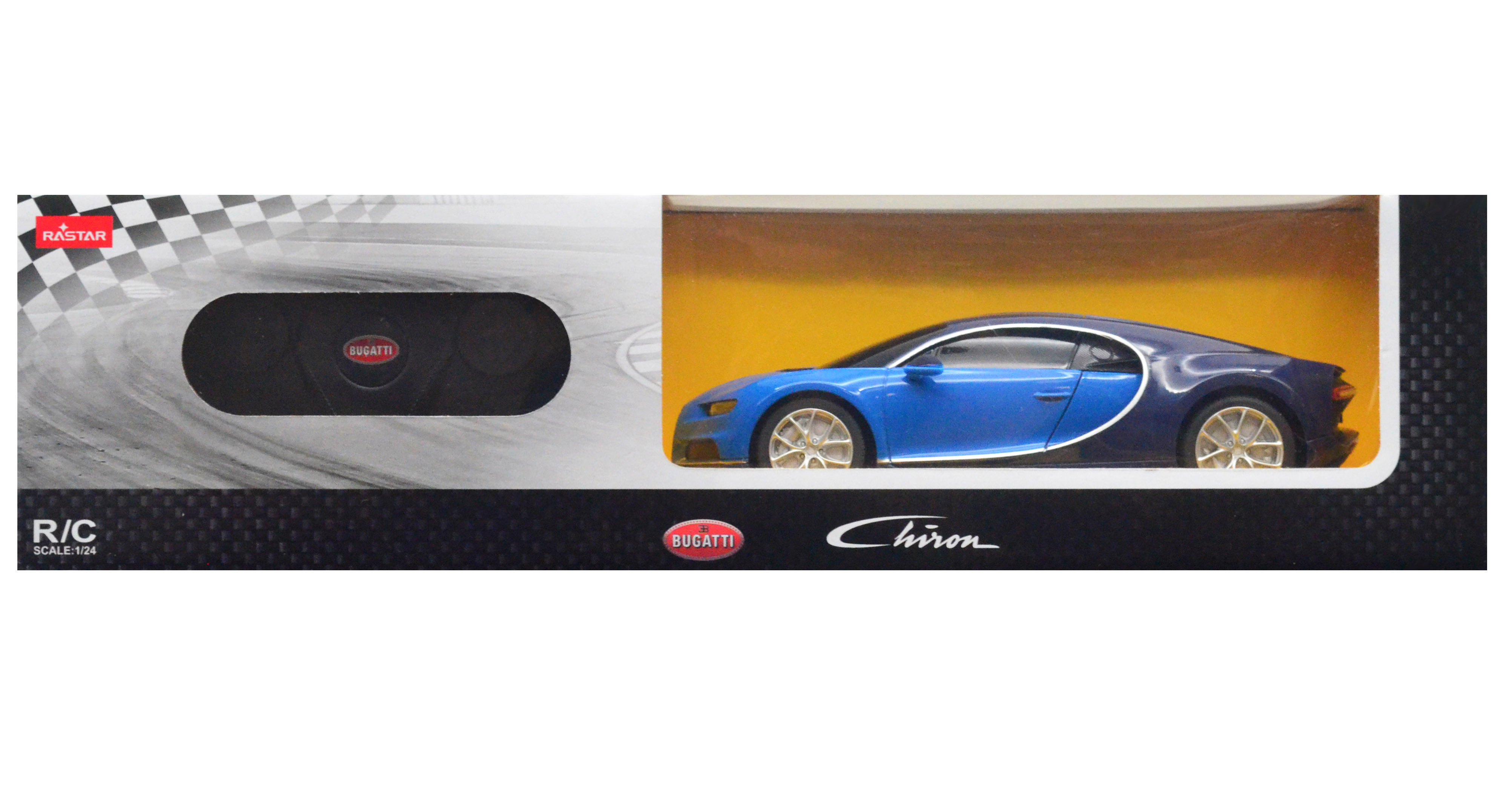 Niebieski samochódzik Bugatti Chiron w opakowaniu.