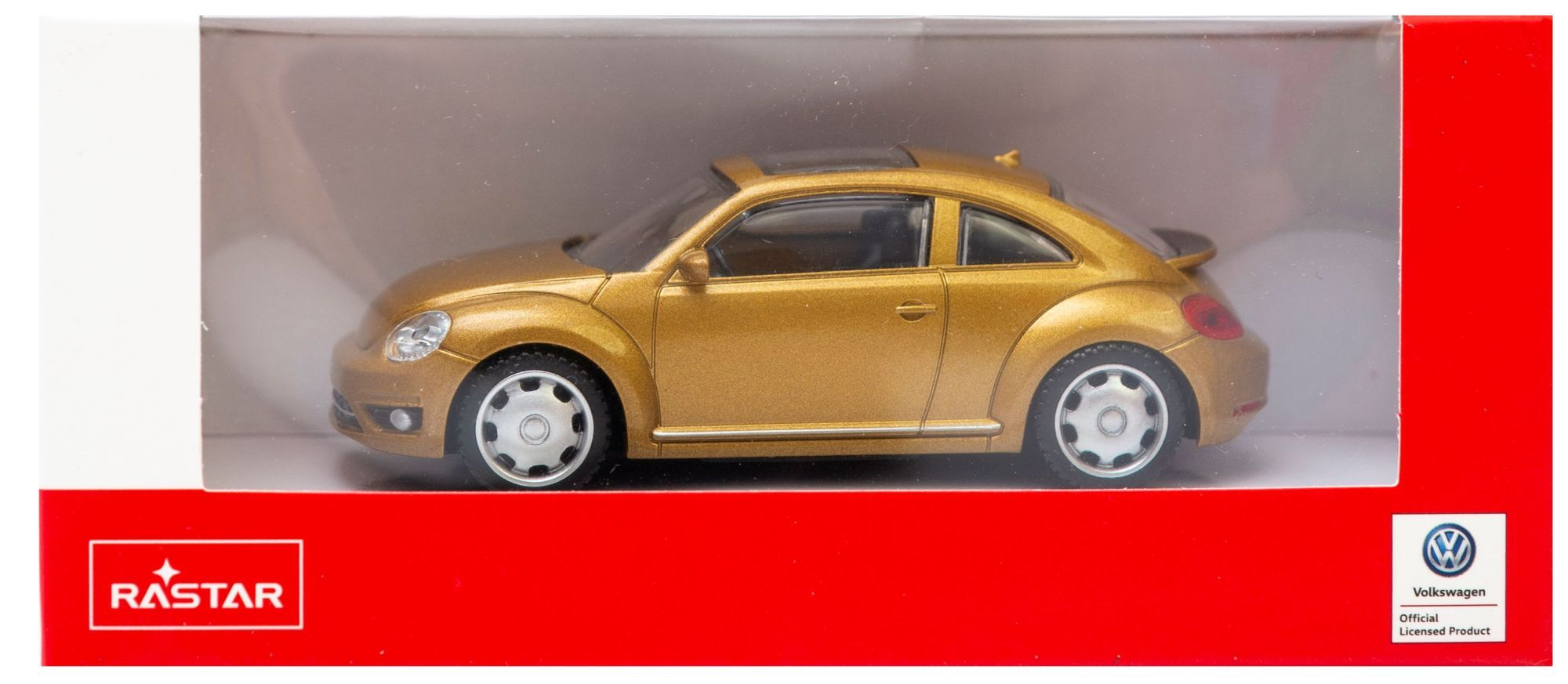 Złoty zabawkowy VW Garbus w opakowaniu z logo Rastar.