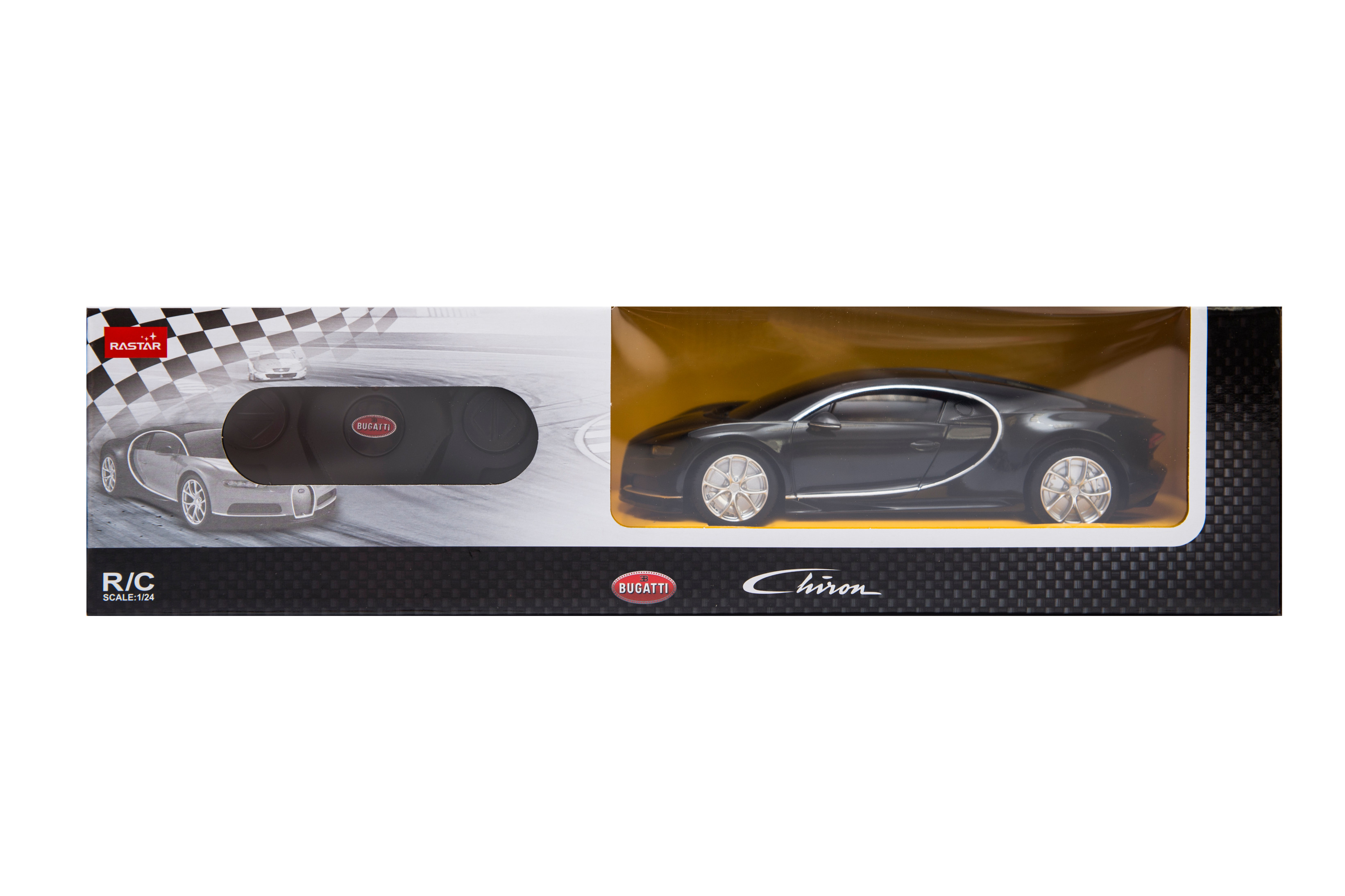 Czarny samochódzik Bugatti Chiron w opakowaniu z pilotem.