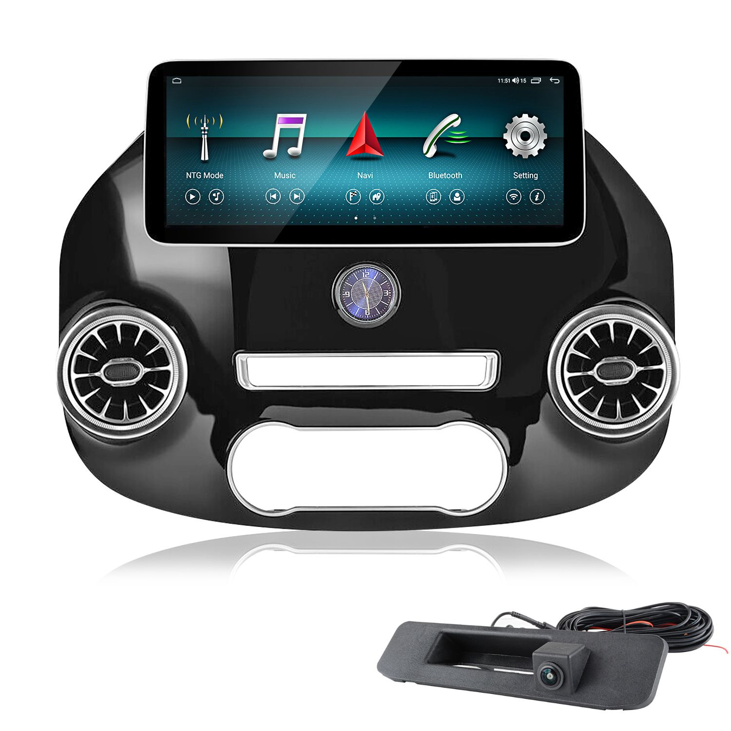 Ein schwarzes Auto-Infotainmentsystem mit Touchscreen und einer Rückfahrkamera.