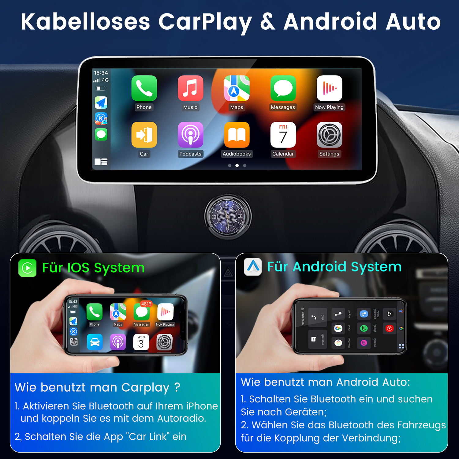 Ein Auto-Infotainmentsystem mit Menüs für iOS CarPlay und Android Auto.