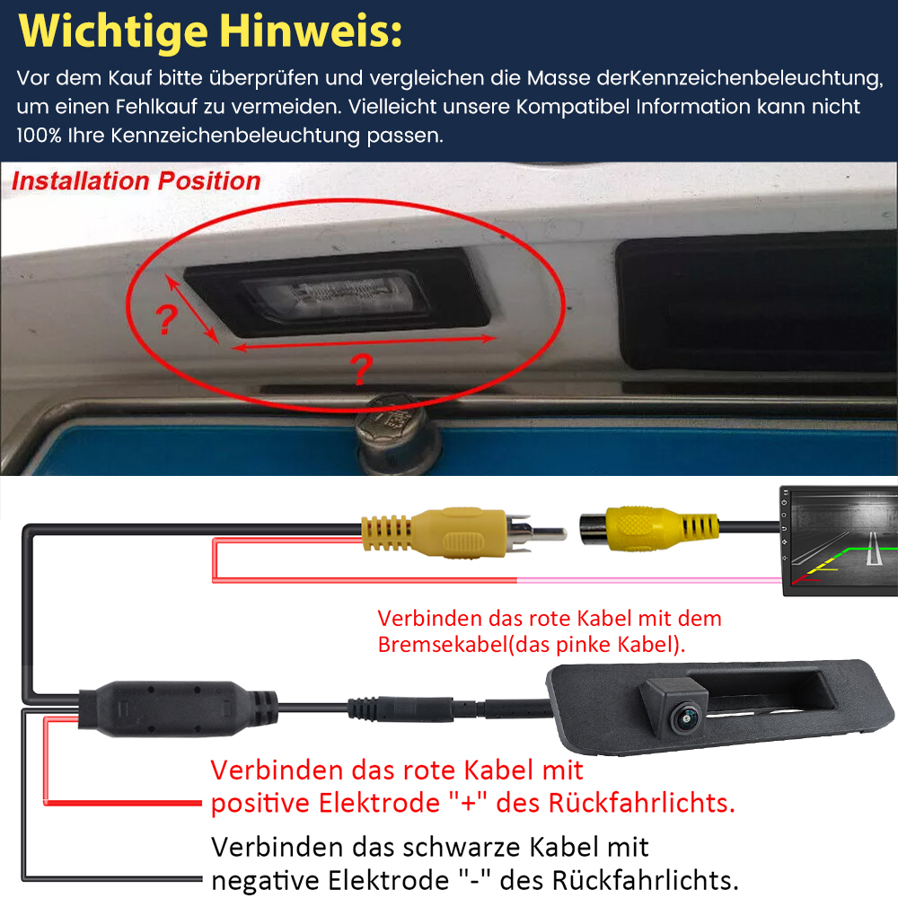 Hinweis zur Kennzeichenbeleuchtung und Anschlussanleitung für Rückfahrkamera.