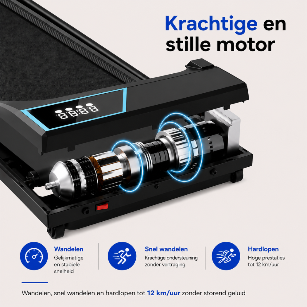Loopbandmotor met zichtbare spoelen, die hardlopen en wandelen promoot.
