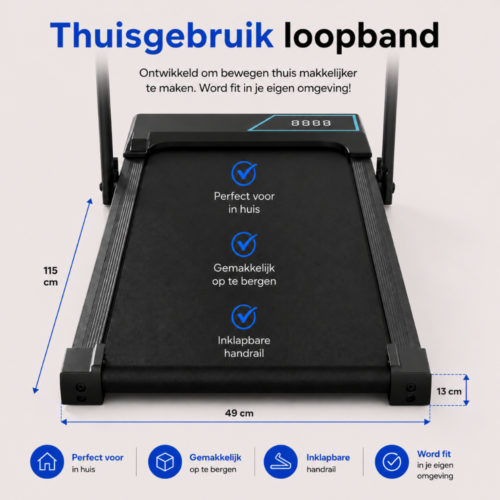 Zwart loopband voor thuisgebruik met afmetingen en functies.
