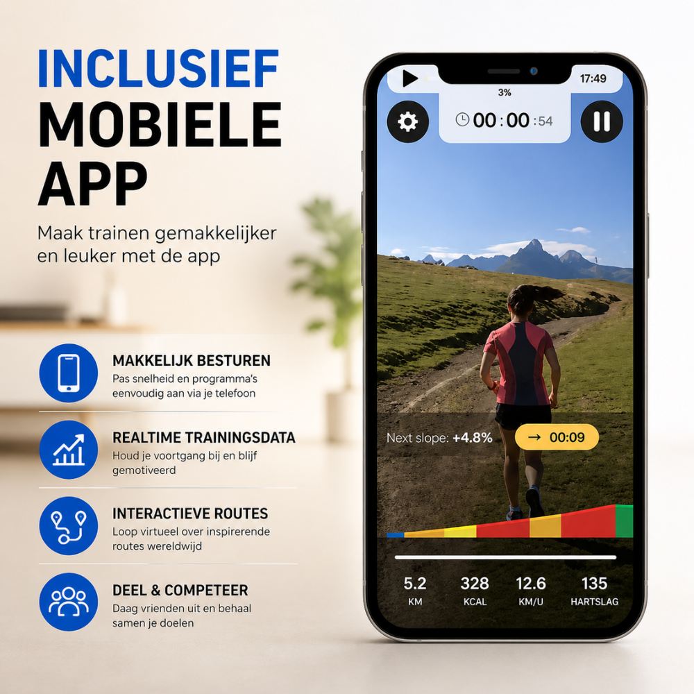 Vrouw rent op bergpad; app toont trainingsdata en route-informatie.