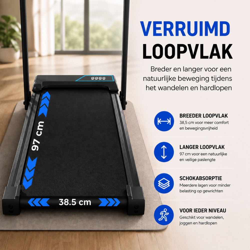Loopband met 38,5 cm breedte en 97 cm lengte. Tekst benadrukt comfort en schokabsorptie.