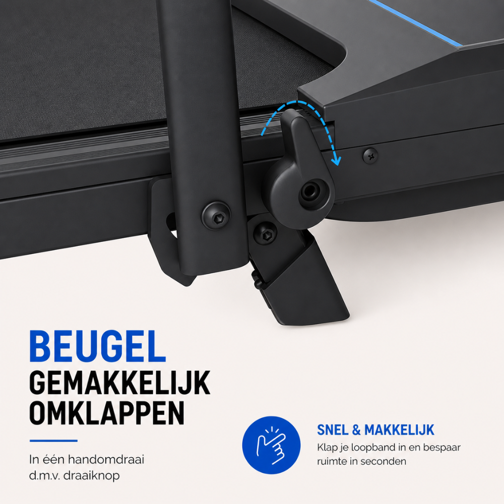 Zwart loopbandframe met een eenvoudig te bedienen vouwmechanisme.
