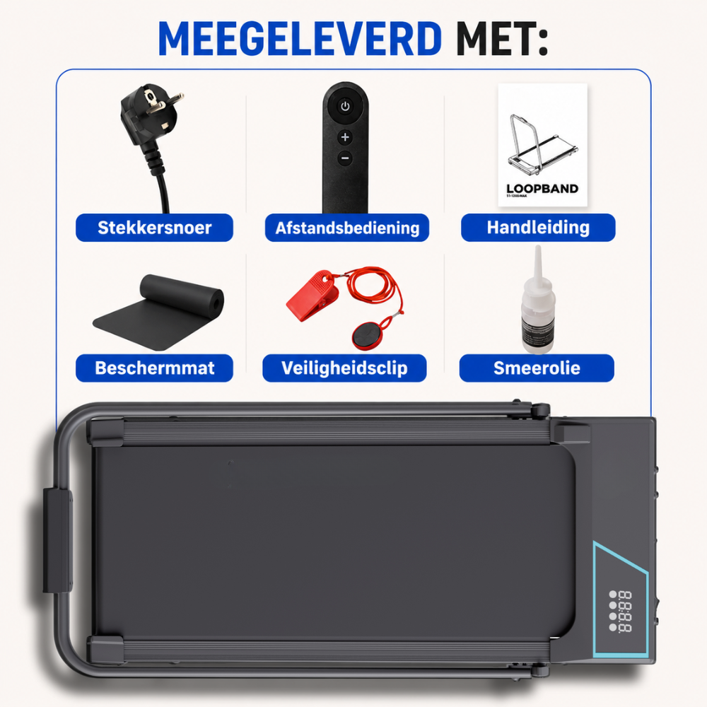 Loopband met accessoires: netsnoer, afstandsbediening, handleiding, mat, clip, olie.