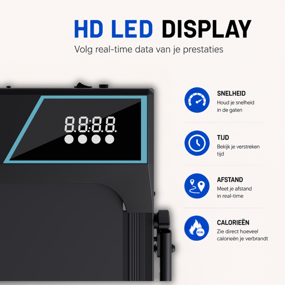 HD LED display toont snelheid, tijd, afstand en calorieën.