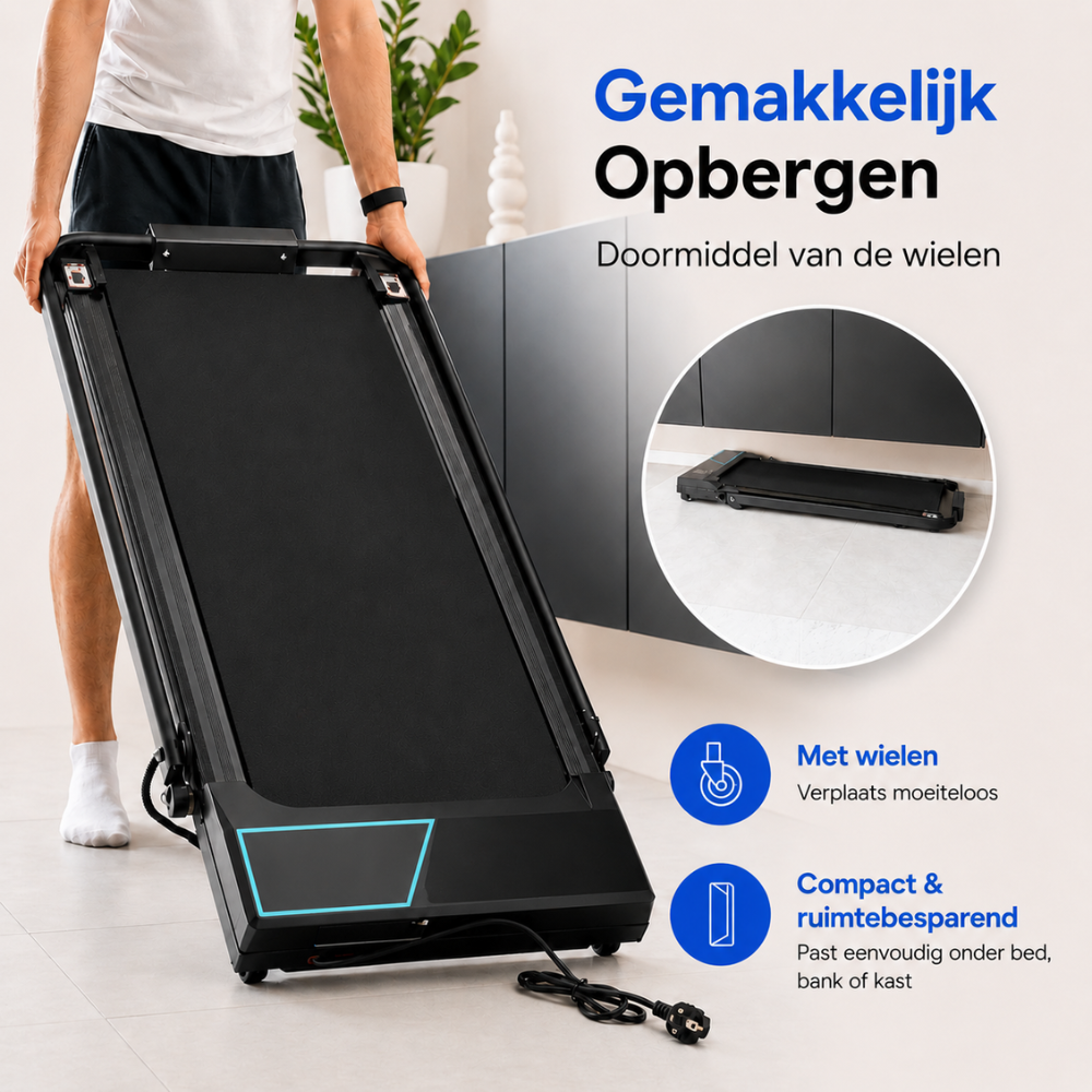 Een man houdt een zwarte loopband met wielen vast, wat gemakkelijke opslag benadrukt.