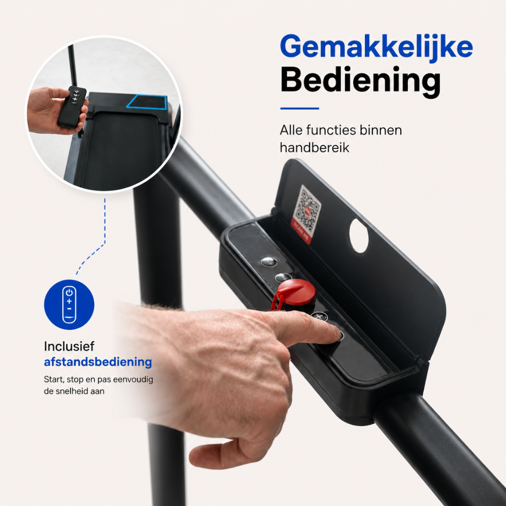 Een hand bedient een loopbandconsole met afstandsbediening en knoppen.