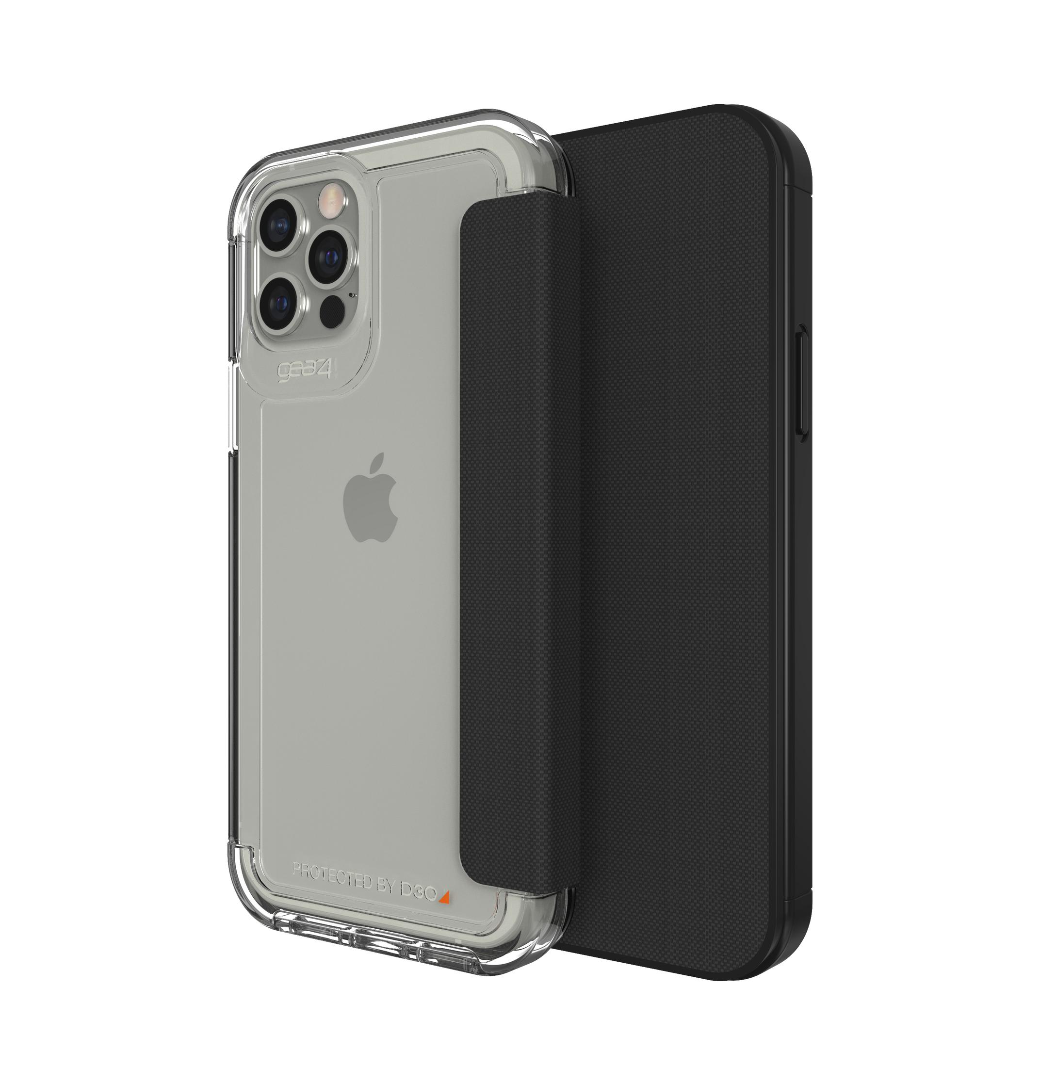 Ein transparentes iPhone-Gehäuse mit schwarzem Dämpfungsband und schwarzer Rückseite.
