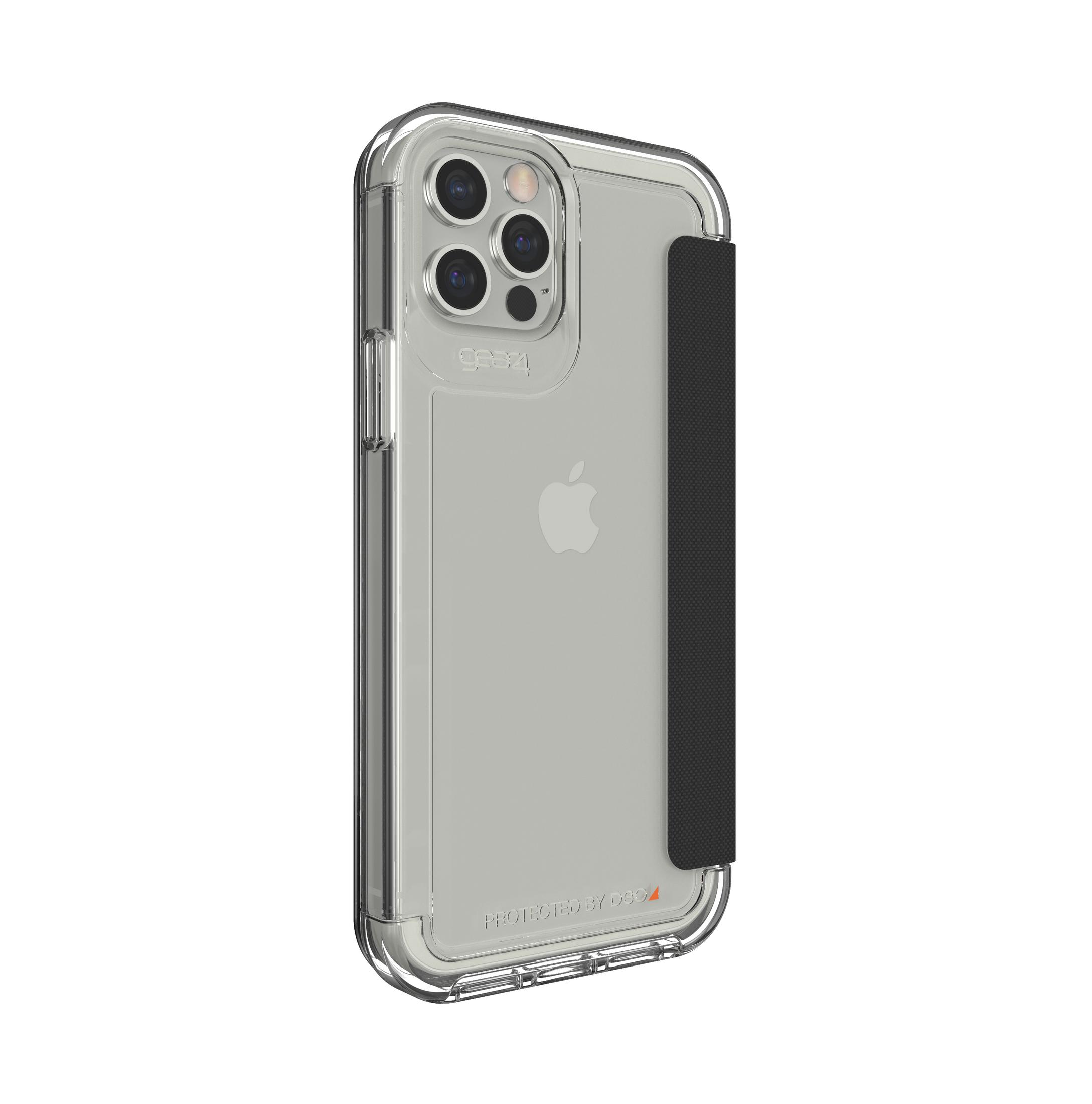 Transparente iPhone-Hülle mit schwarzem Band und Kameraöffnung.