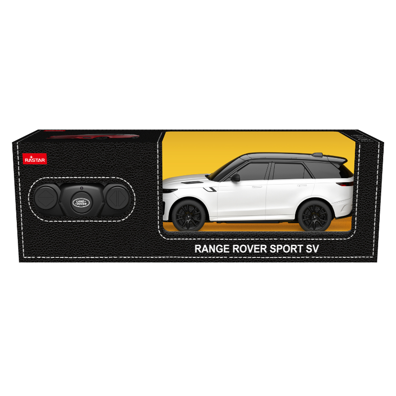 Biały samochód zabawka Range Rover Sport SV w pudełku z pilotem.