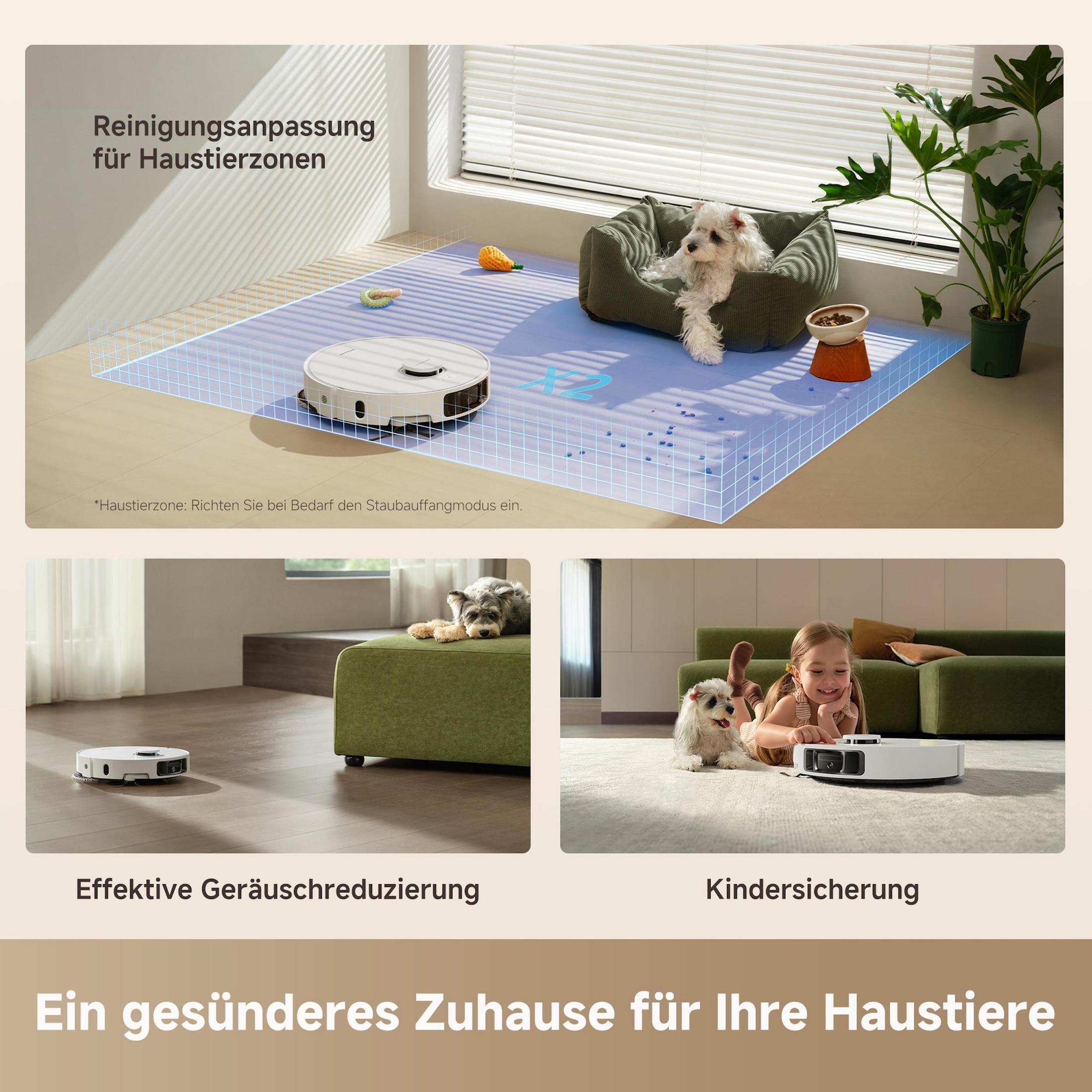Un robot aspirateur nettoie avec réglage pour zones d'animaux. En bas, un chien sur canapé et un enfant avec chien.