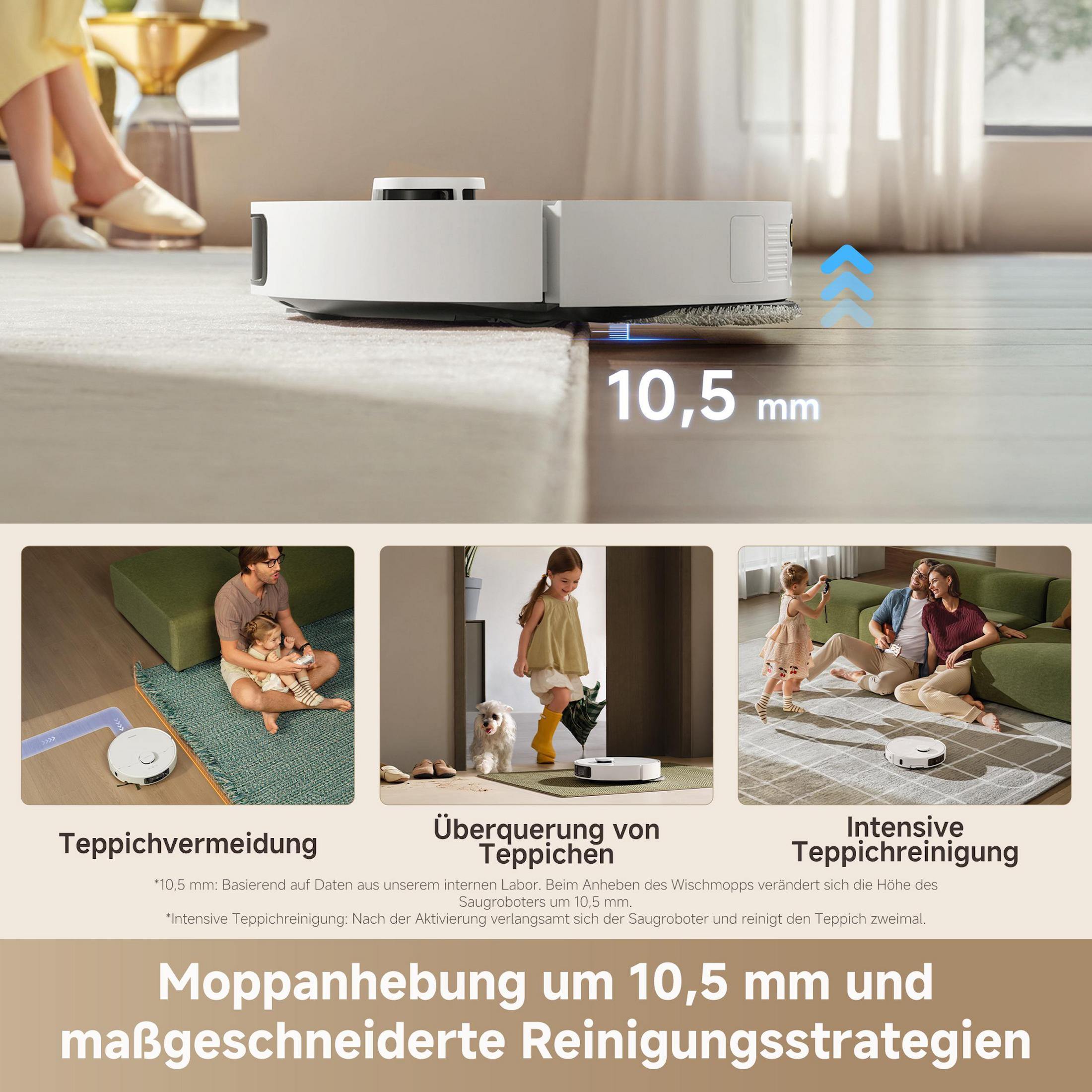 Un robot aspirateur avec relevage de serpillière de 10,5 mm et stratégies de nettoyage.