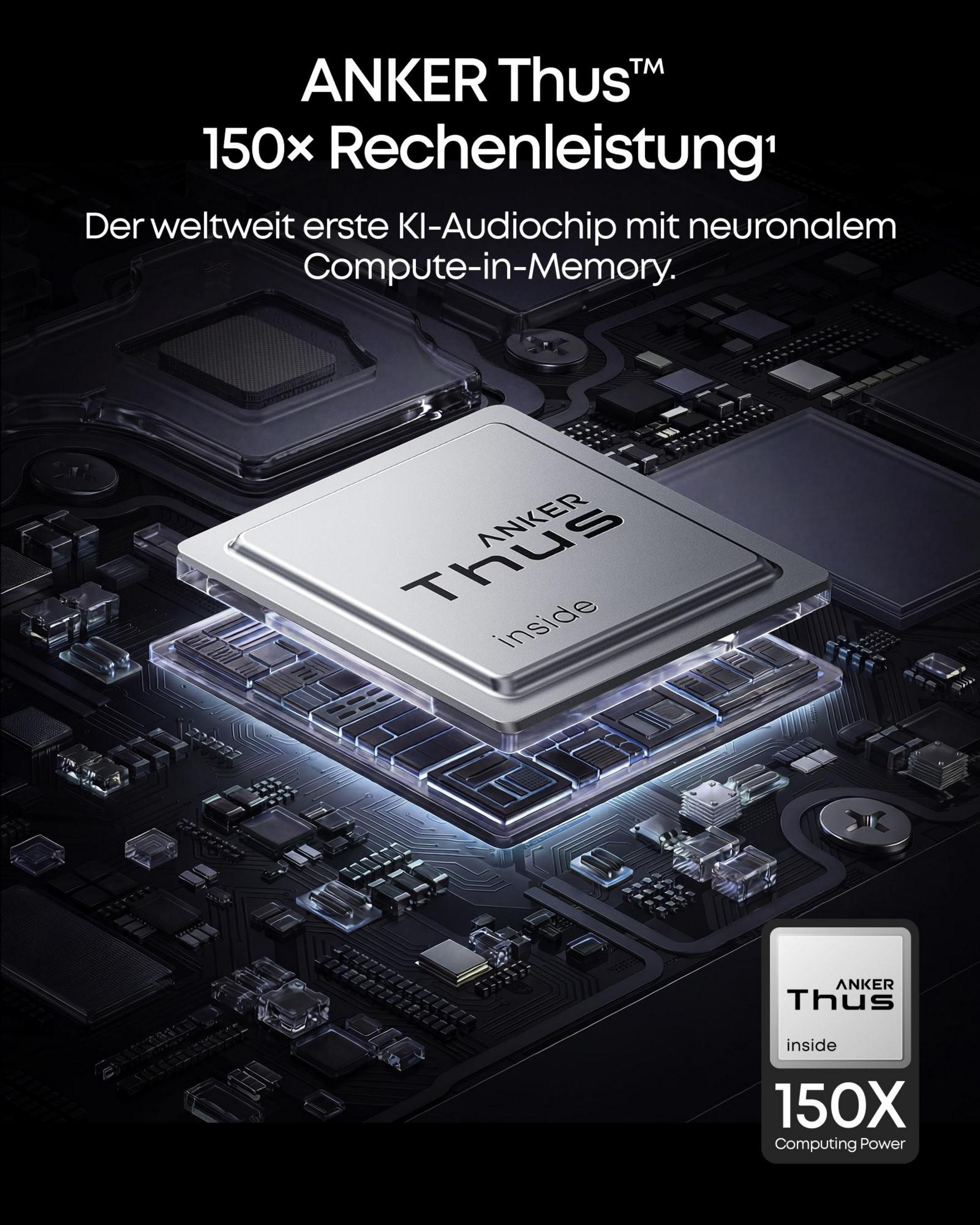 Chip AI argentato "ANKER Thus" su scheda elettronica, potenza di calcolo 150x.