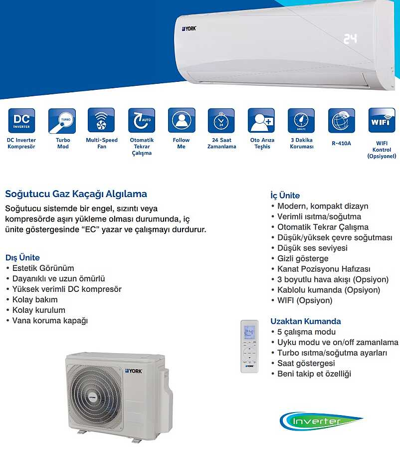 DC Inverter ve WiFi gibi özellikler için simgeleri olan beyaz bir YORK klimadır.