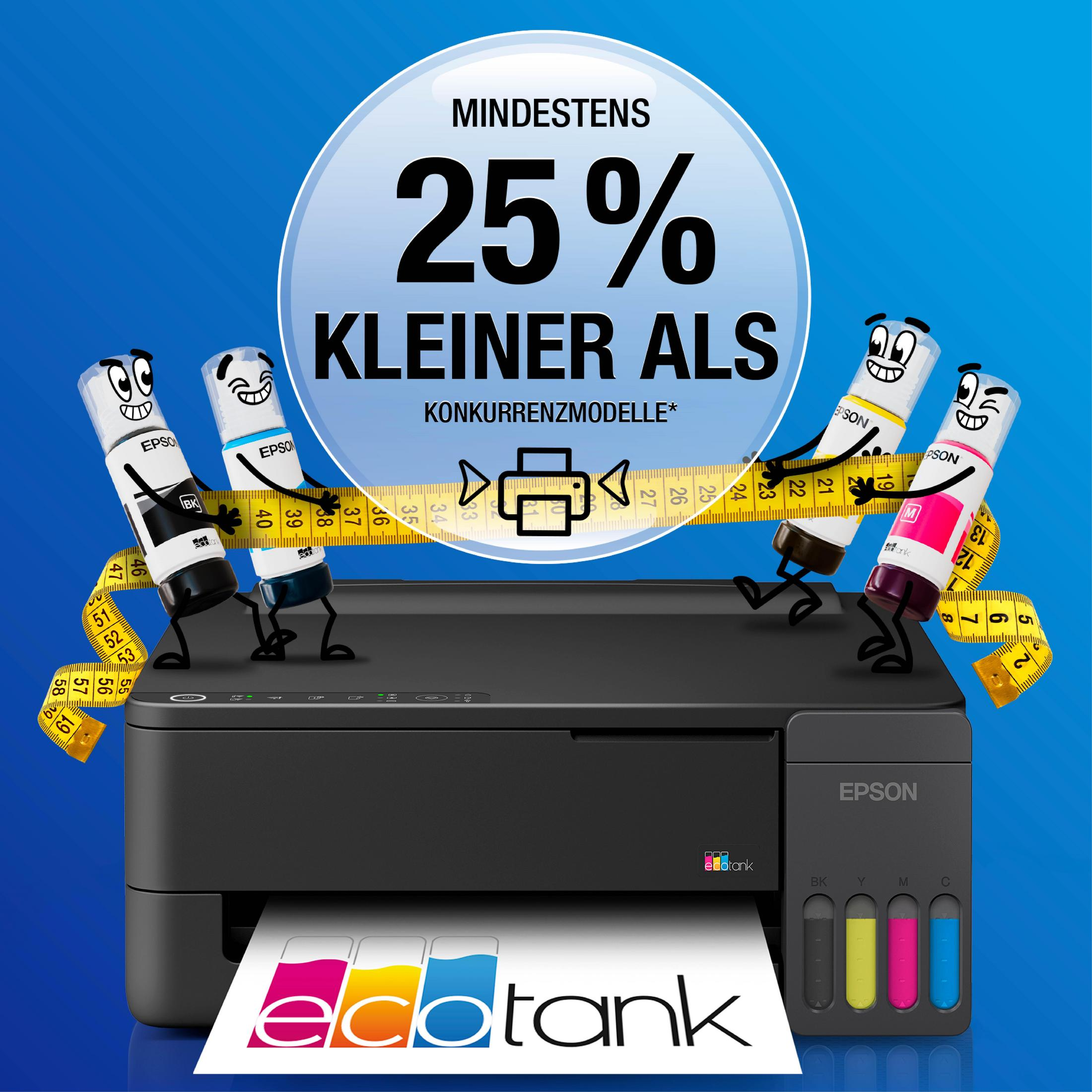 Vier Epson-Tintenflaschen halten ein Maßband um einen schwarzen Drucker.