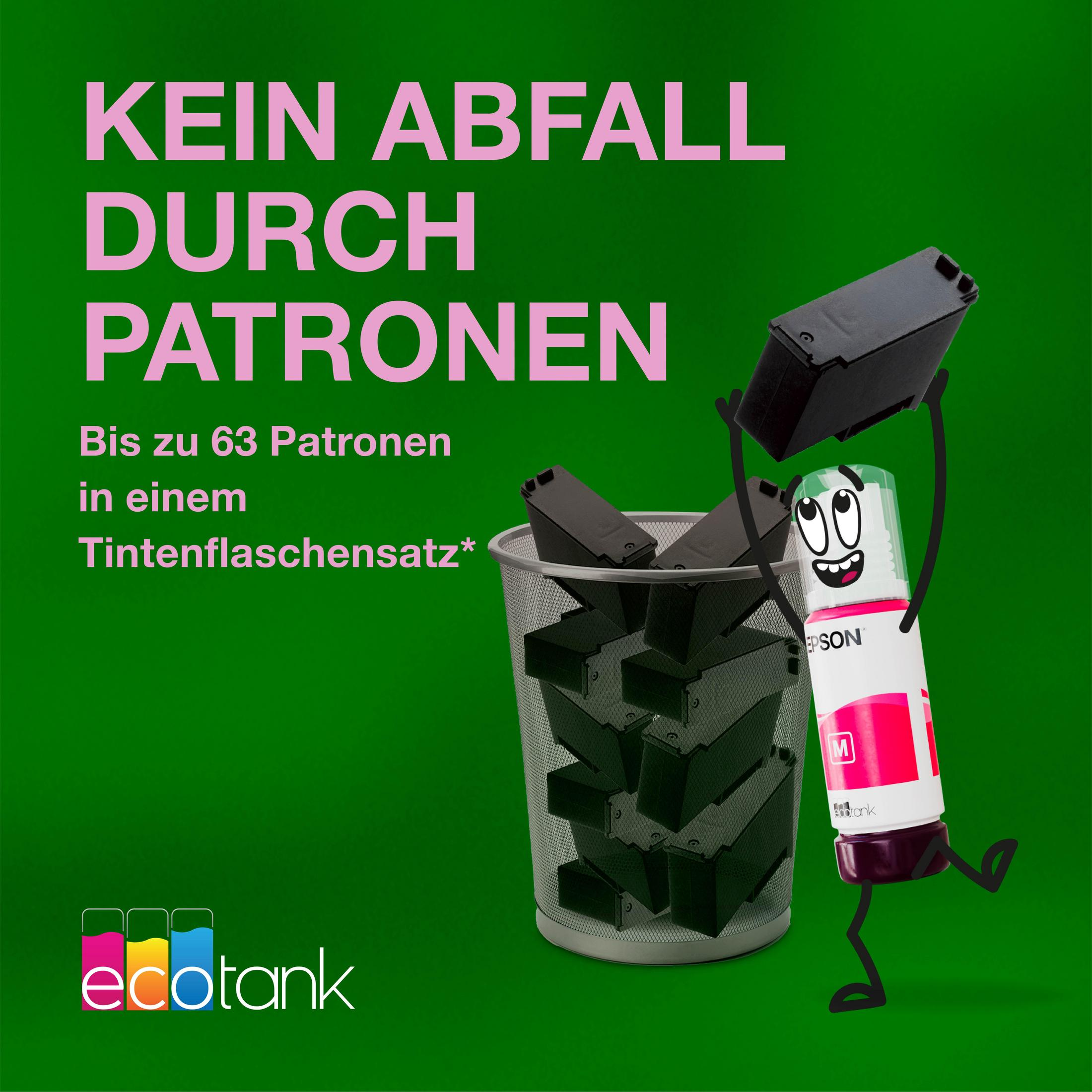 Zeichentrick-Tintenflasche mit Gesicht wirft alte Patronen in einen Behälter. Text: Kein Abfall.