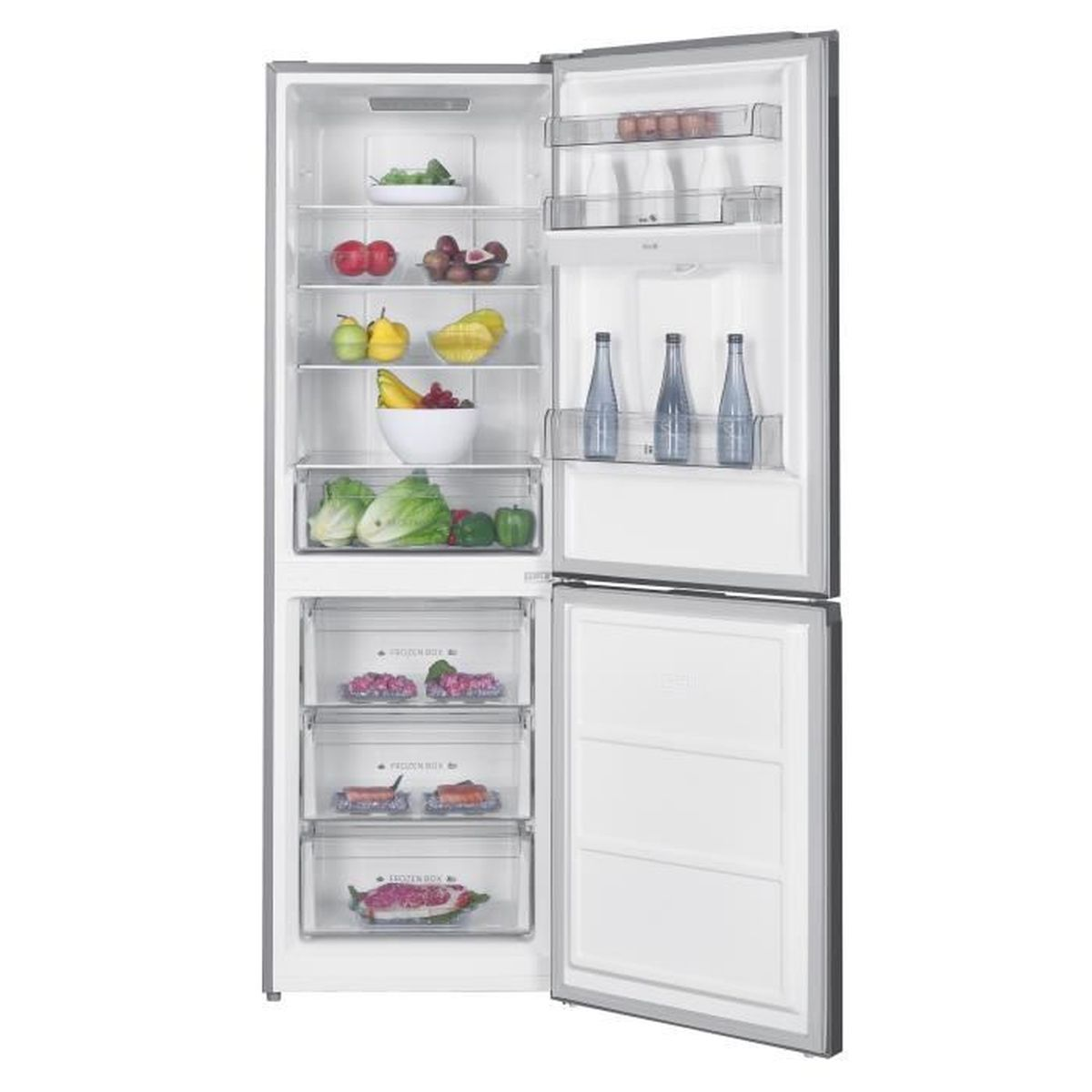 Ein offener Kühlschrank mit Lebensmitteln wie Obst, Gemüse, Eiern und Flaschen.