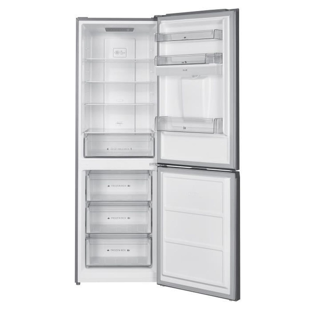 Ein offener Kühlschrank mit mehreren Regalen und Schubladen, weißer Innenraum.