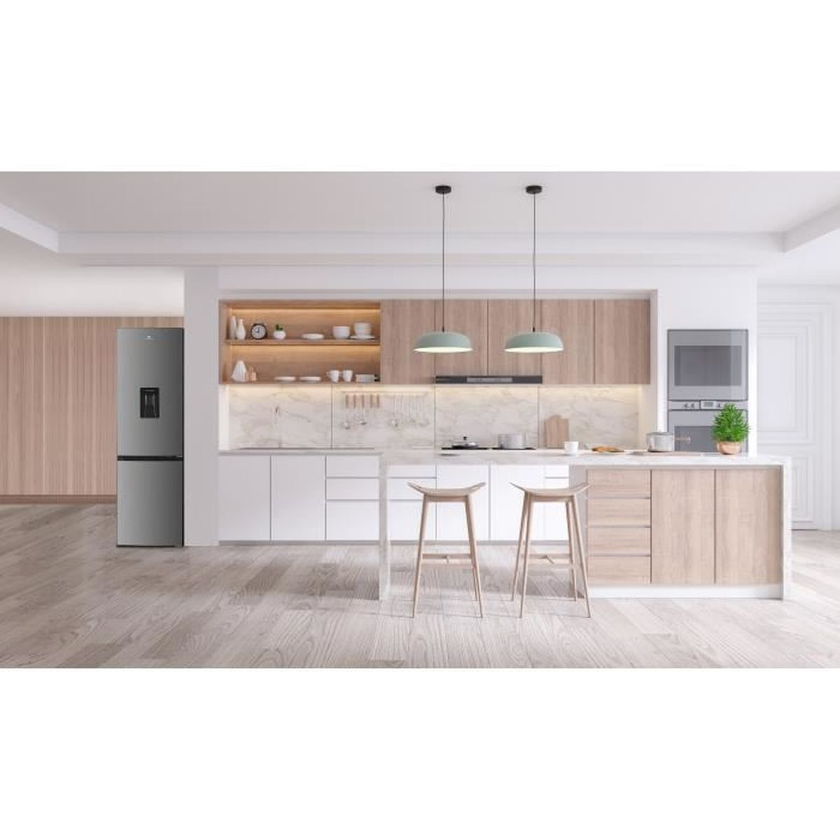 Moderne Küche mit Kühlschrank, Kochinsel und Hocker. Helle Holzakzente.