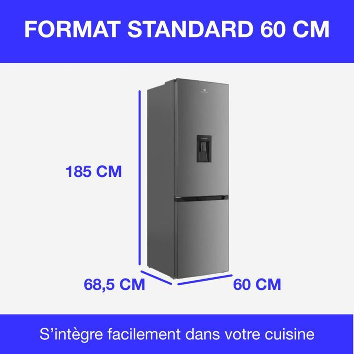 Grauer Kühlschrank mit den Maßen 185x68,5x60 cm.