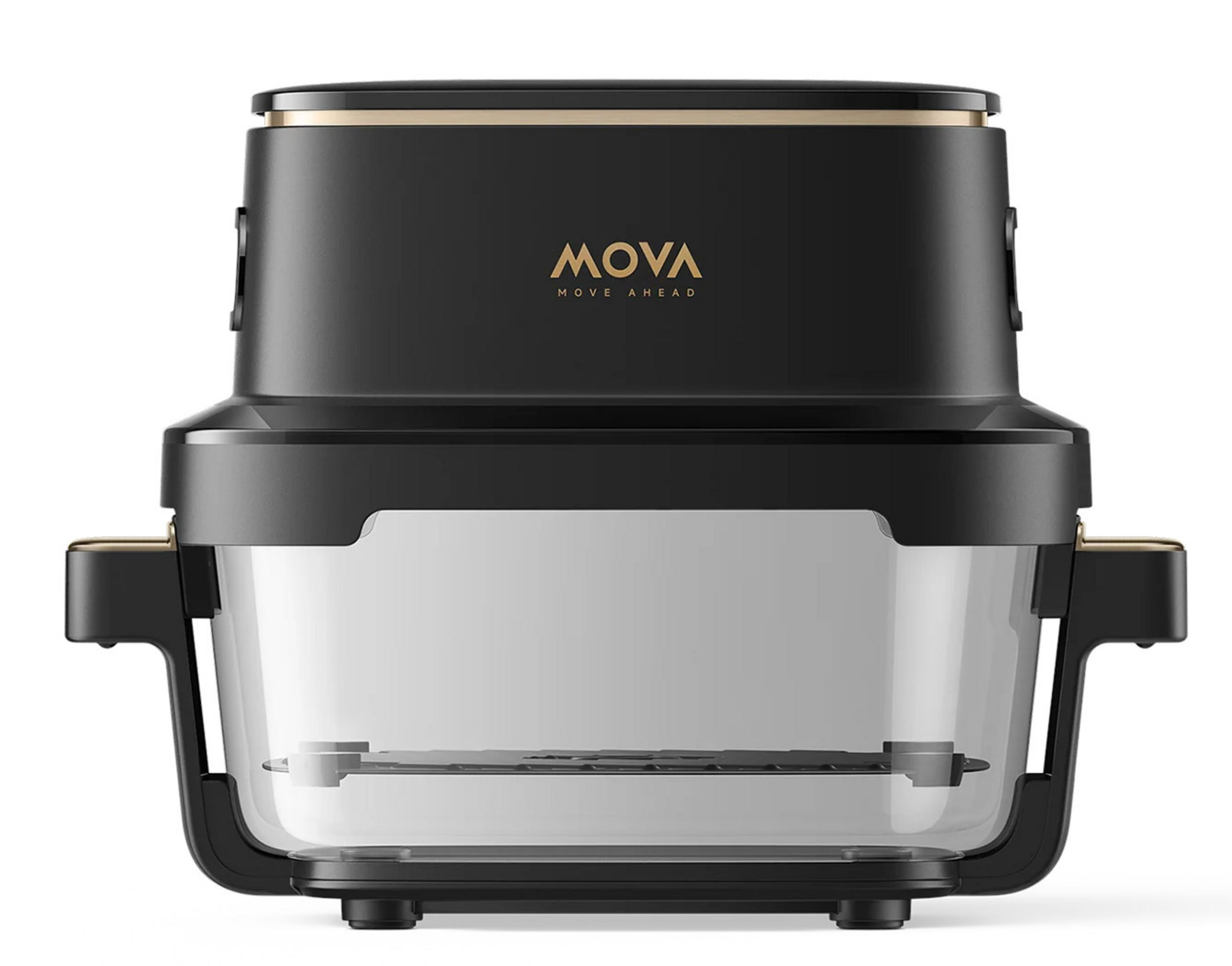 Robot da cucina nero con ciotola trasparente e accenti dorati.
