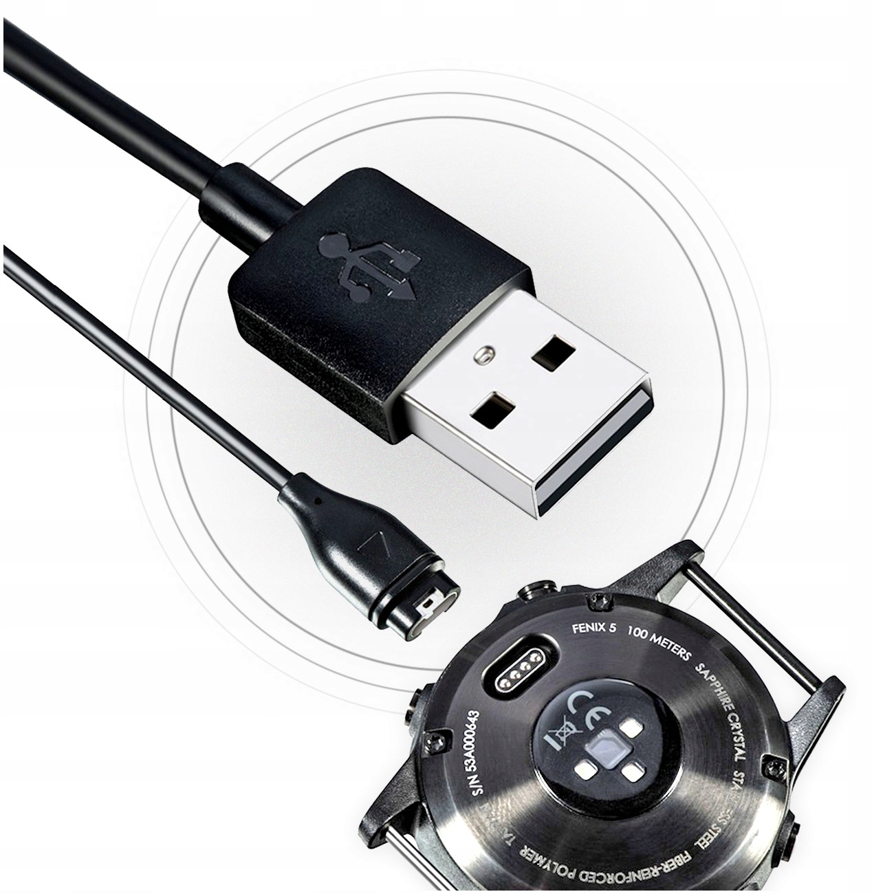 Czarny kabel USB do ładowania i tył smartwatcha.