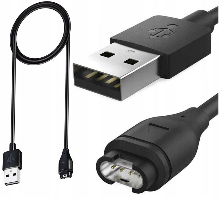 Czarny kabel USB ze złączem USB-A i złączem ładowania w stylu Garmin.