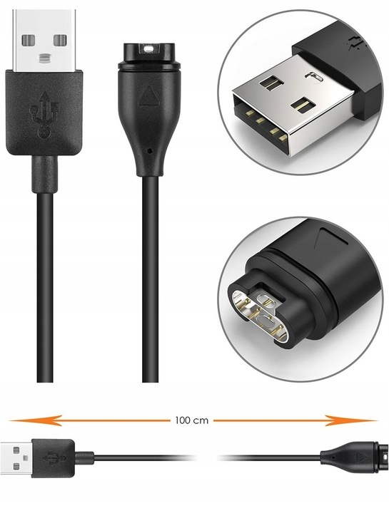 Czarny kabel USB z jednym standardowym złączem USB i jednym złączem własnościowym.