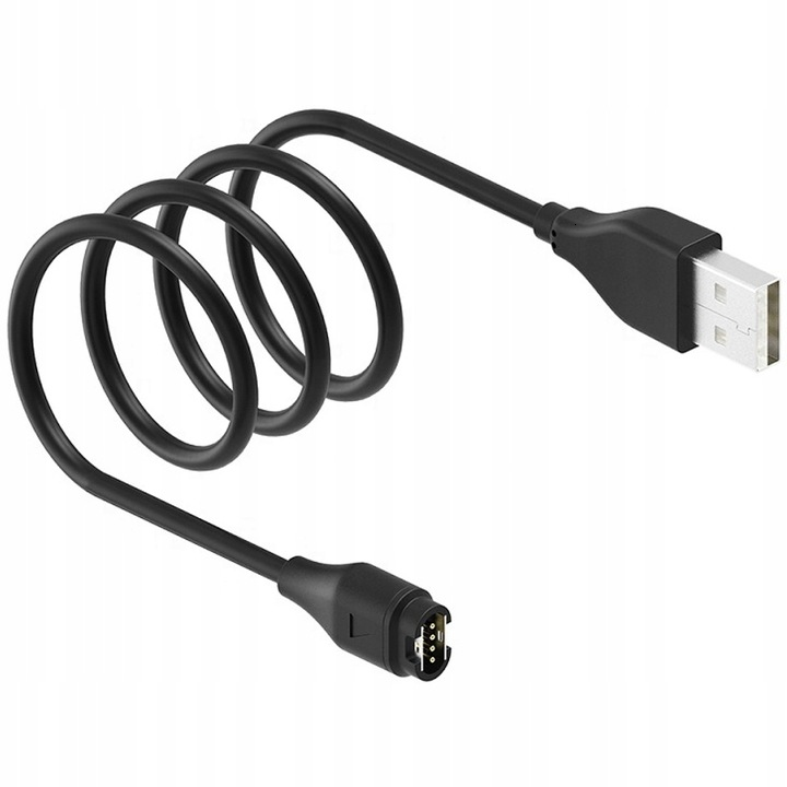 Czarny kabel USB z dwoma złączami, zwinięty.