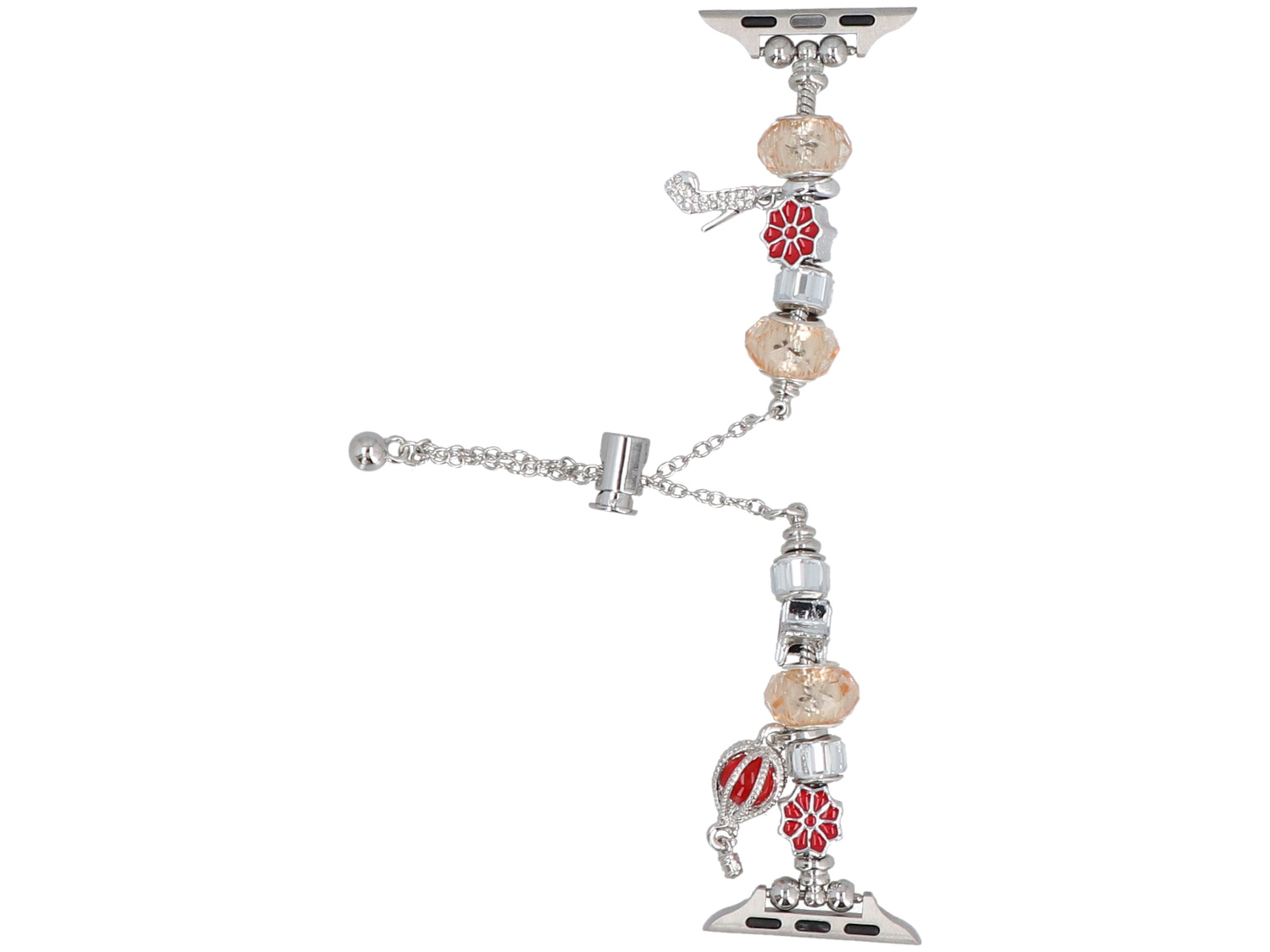 Srebrna bransoleta do Apple Watch z zawieszkami: samolot, balon, kwiaty, koraliki.