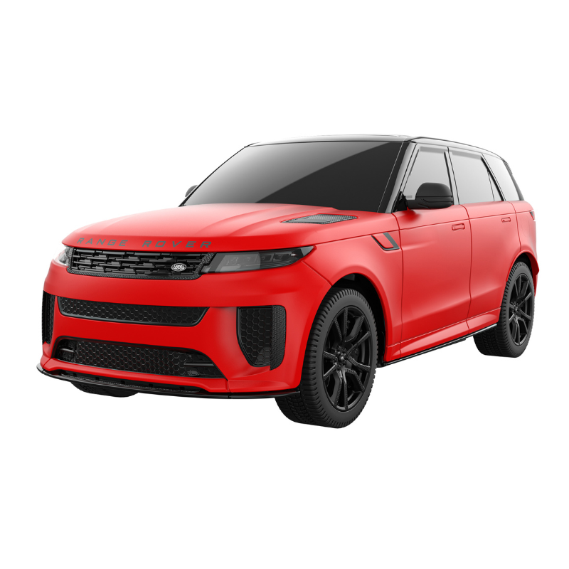 Czerwony Range Rover z czarnymi detalami i kołami na białym tle.