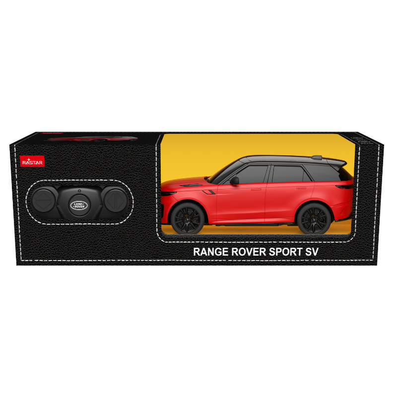 Czerwony samochód zabawka Range Rover Sport SV w opakowaniu z pilotem.