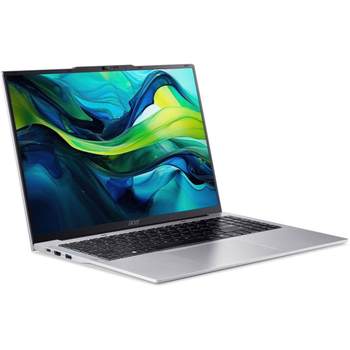 Un laptop argentato con tastiera nera mostra uno sfondo astratto colorato sullo schermo.