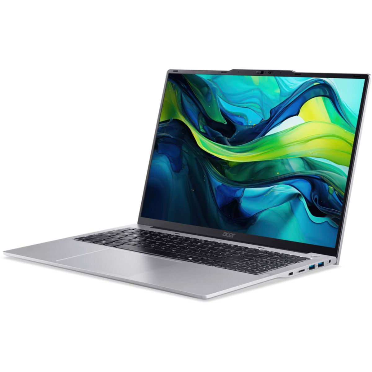 Un laptop argentato visualizza uno sfondo astratto colorato sul suo schermo.