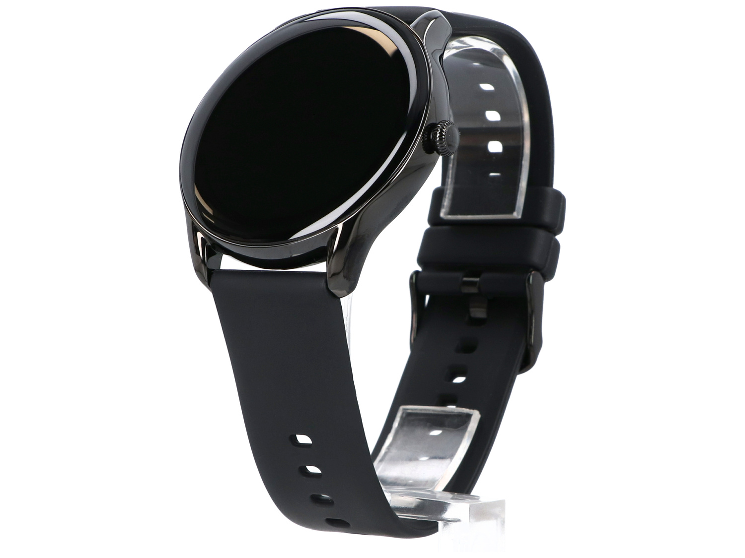 Czarny smartwatch z czarnym paskiem jest wyświetlany na białym tle.