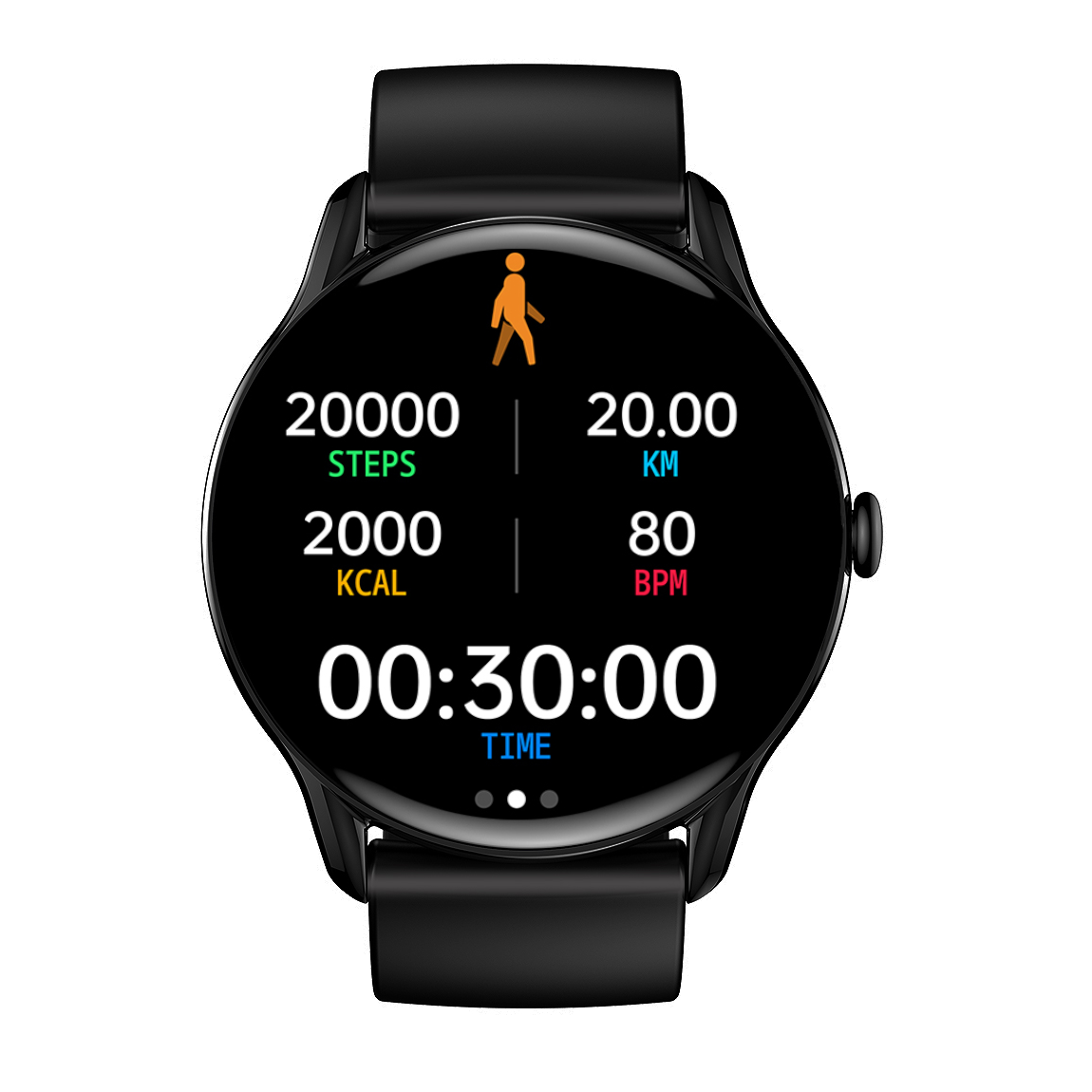 Czarny smartwatch pokazuje 20000 kroków, 20km, 2000 kcal, 80 BPM, czas 00:30:00.