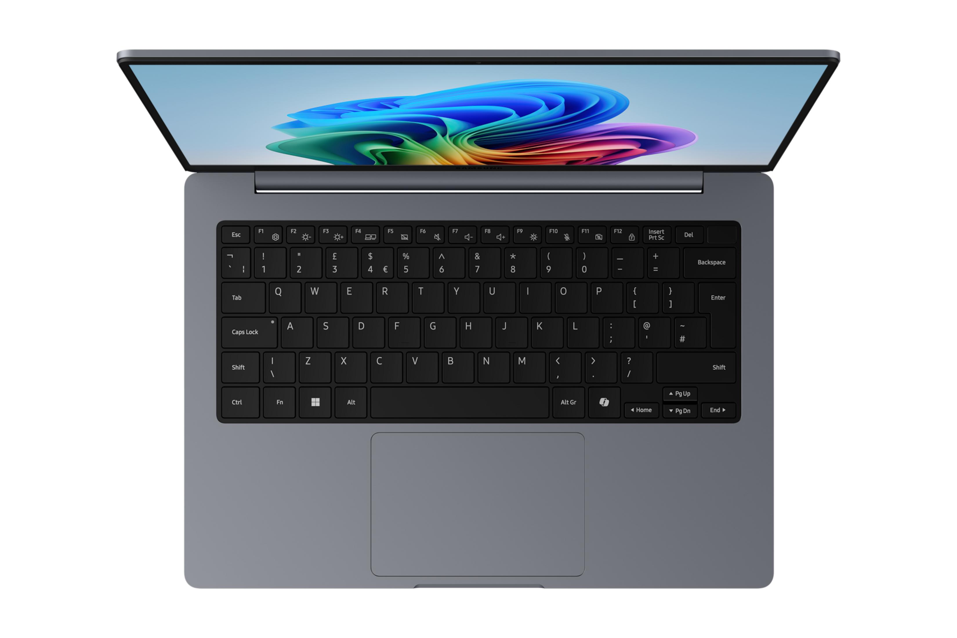 Ein graues Laptop mit geöffnetem Bildschirm, der ein buntes Muster zeigt.