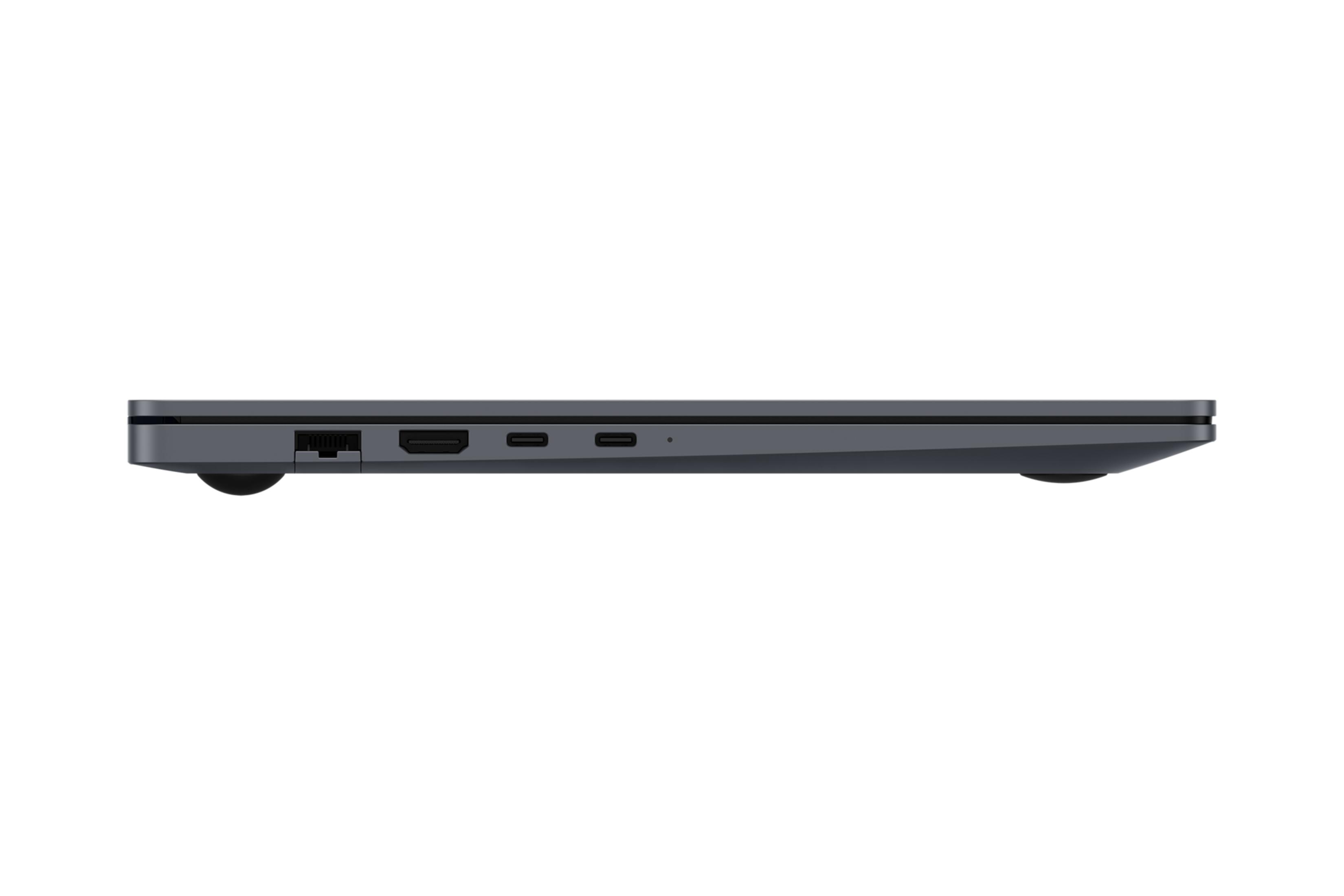 Grauer Laptop-Seite mit Anschlüssen: Ethernet, HDMI, 2x USB-C.