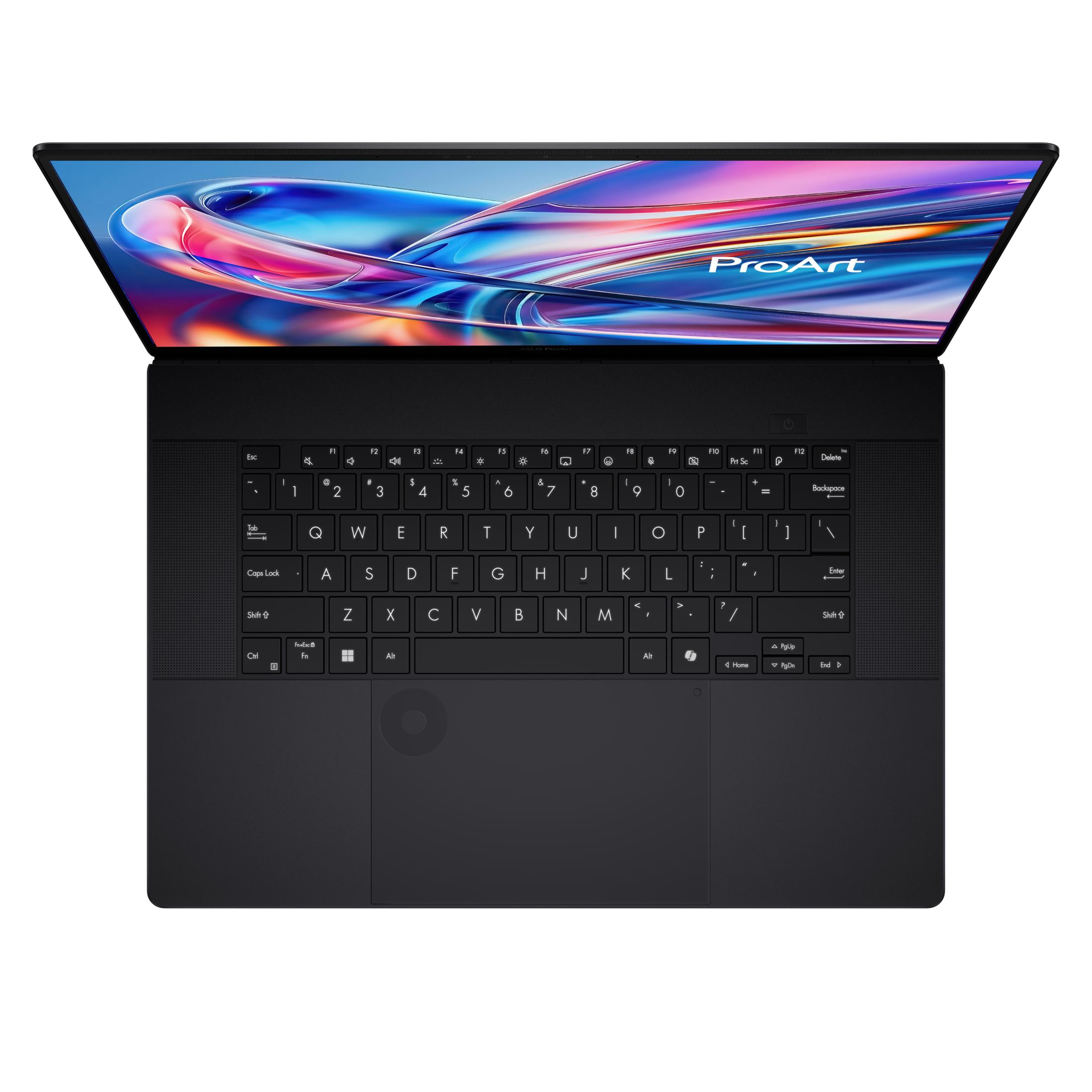 Ein offener schwarzer Laptop mit farbigem Hintergrundbild auf dem Bildschirm und Tastatur.