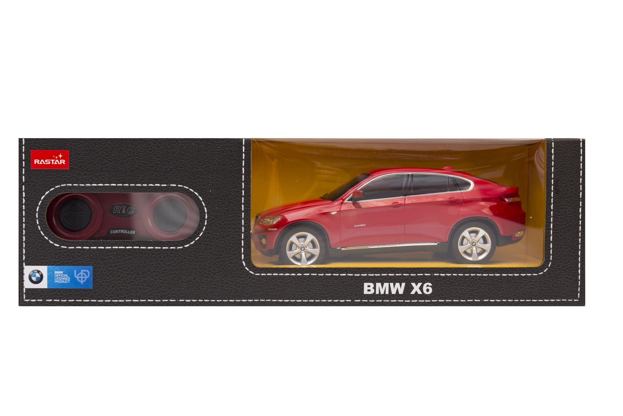 Czerwony zdalnie sterowany samochód zabawka BMW X6 z kontrolerem w opakowaniu.