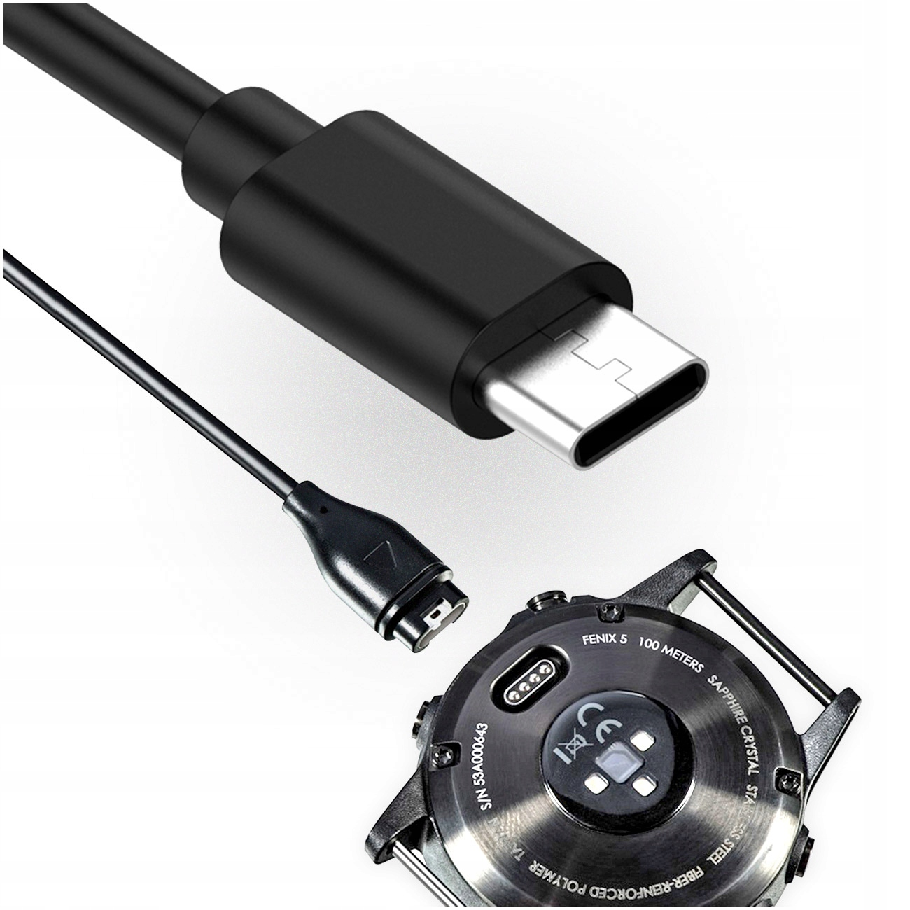 Czarny kabel USB-C i port ładowania smartwatcha.