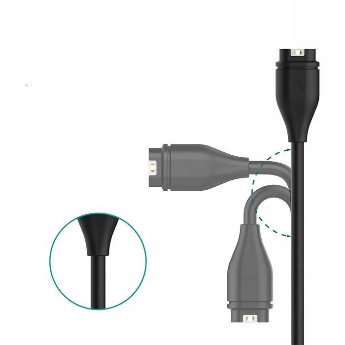 Czarny kabel ładujący z szarymi złączami w różnych pozycjach.