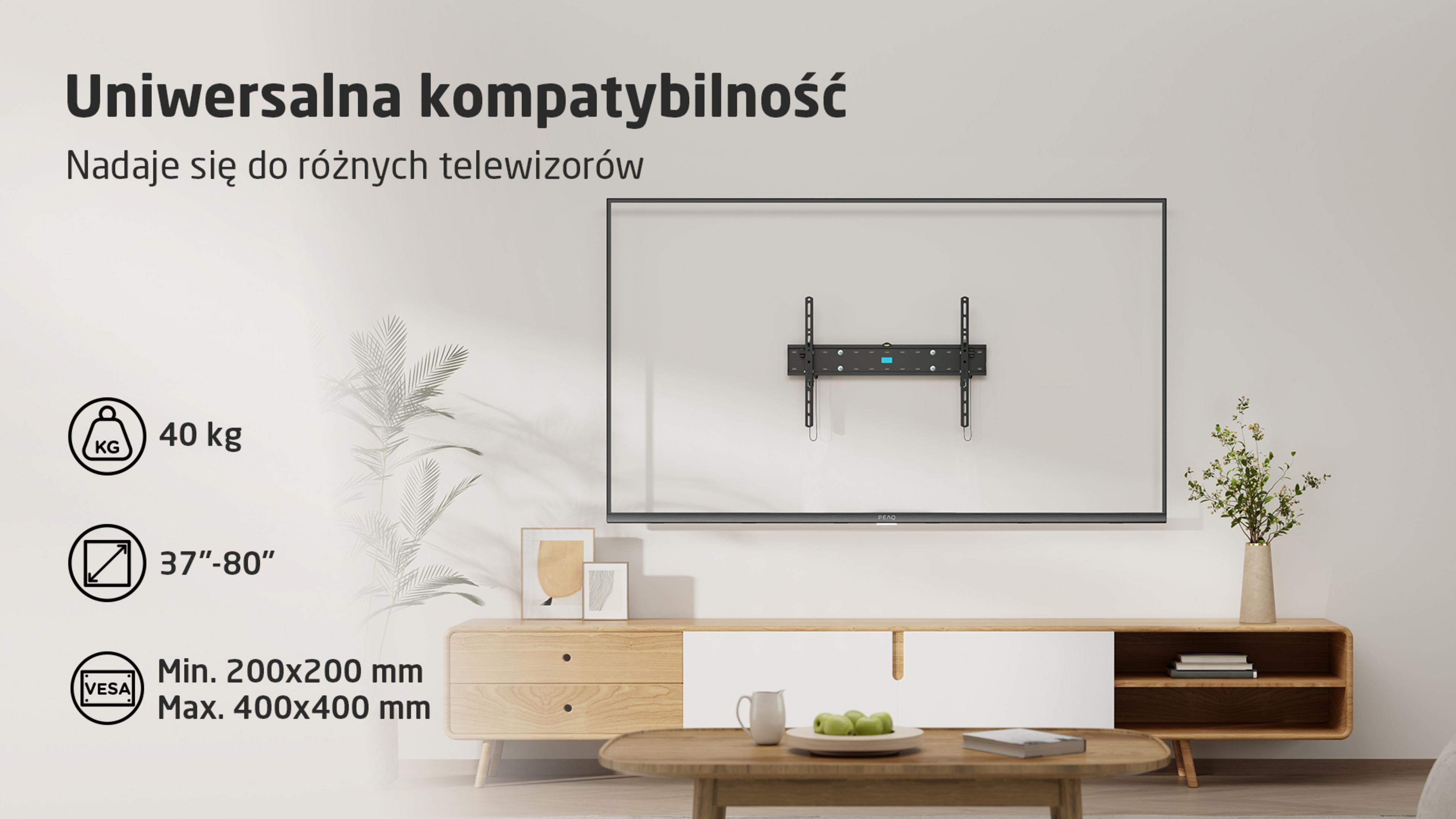 Ein Fernsehhalter an der Wand, mit Spezifikationen für Gewicht, Größe und VESA-Montage.